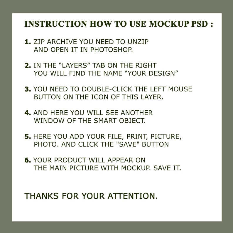 K&ouml;nnte beinhalten: Eine gr&uuml;n-wei&szlig;e Textanleitung zur Verwendung einer Mockup-PSD-Datei. Die Anleitung enth&auml;lt Schritte zum Entpacken der Datei, zum &Ouml;ffnen in Photoshop und zum Hinzuf&uuml;gen Ihres eigenen Designs.