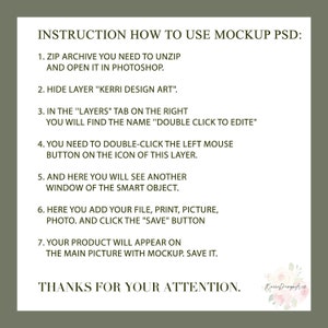 Pode incluir: Um guia de instru&ccedil;&otilde;es de texto branco em um fundo verde com o t&iacute;tulo "INSTRUCTION HOW TO USE MOCKUP PSD:" e uma lista de etapas sobre como usar um arquivo PSD de maquete. O texto inclui a frase "Kerry Designs".