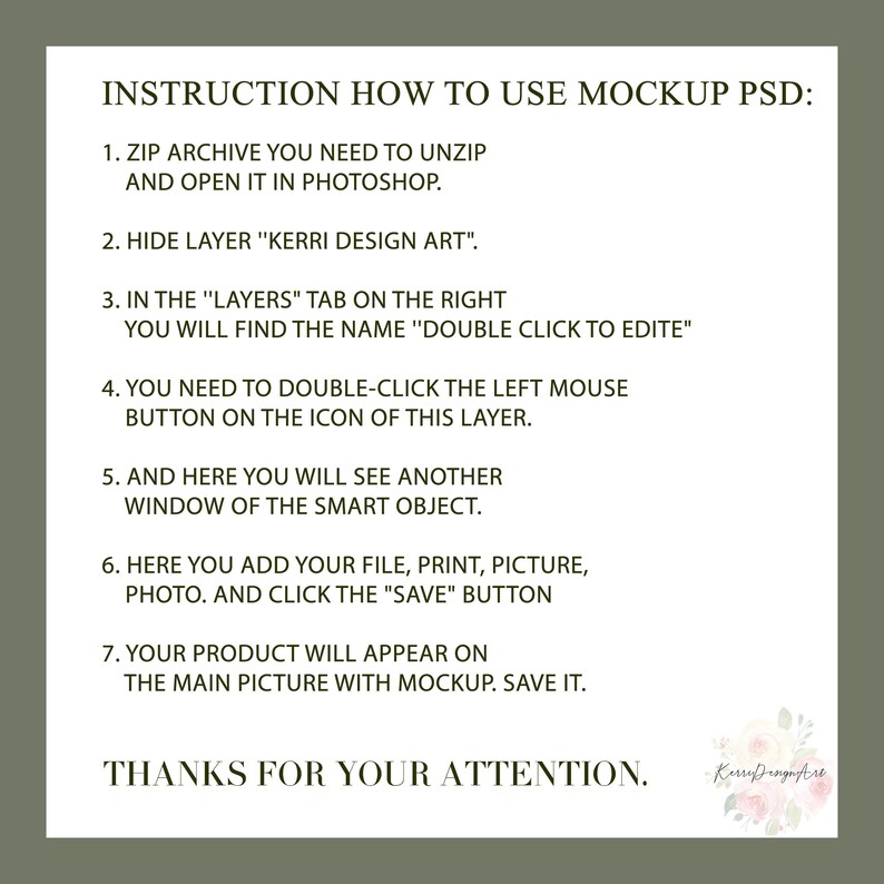 Pode incluir: Um guia de instru&ccedil;&otilde;es de texto branco em um fundo verde com o t&iacute;tulo "INSTRUCTION HOW TO USE MOCKUP PSD:" e uma lista de etapas sobre como usar um arquivo PSD de maquete. O texto inclui a frase "Kerry Designs".
