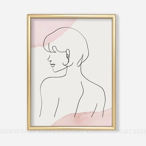 K&ouml;nnte beinhalten: Eine Linienzeichnung des R&uuml;ckens und Kopfes einer Person mit rosa Aquarell-Waschungen im Hintergrund.