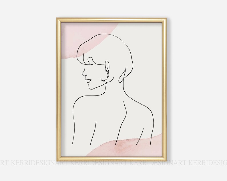 K&ouml;nnte beinhalten: Eine Linienzeichnung des R&uuml;ckens und Kopfes einer Person mit rosa Aquarell-Waschungen im Hintergrund.