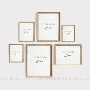 Puede incluir: Un conjunto de seis imágenes enmarcadas en madera con paspartús blancos y el texto "YOUR WORK Here" en cada marco.