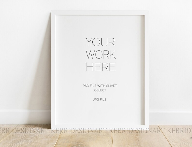 Pode incluir: Mockup de moldura branca com o texto "YOUR WORK HERE" e o texto "PSD FILE WITH SMART OBJECT JPG FILE" abaixo.