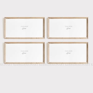 May include: Four light brown wood picture frames with white mats and the text "YOUR WORK Here" in each frame.