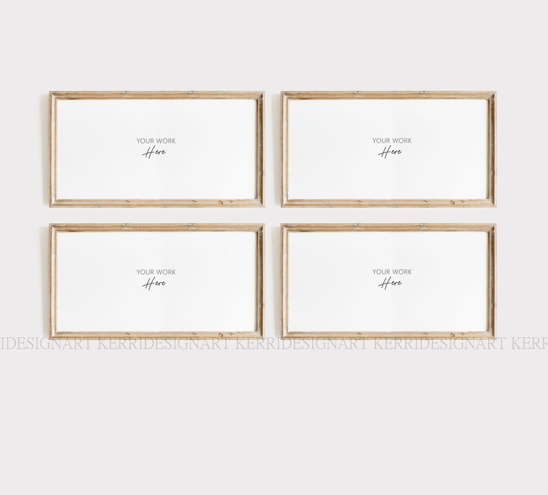 May include: Four light brown wood picture frames with white mats and the text "YOUR WORK Here" in each frame.