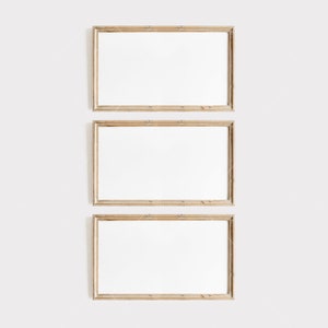 Op de afbeelding: Drie rechthoekige houten fotolijsten met witte binnenkanten zijn verticaal gerangschikt tegen een witte achtergrond. De frames hebben een natuurlijke houtnerf afwerking en de algehele esthetiek is minimalistisch en schoon, geschikt voor het weergeven van kunst of foto's.