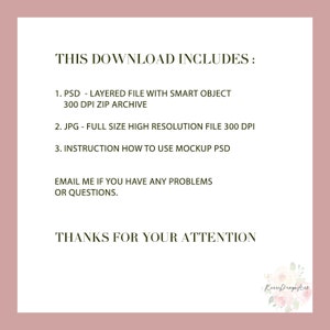 Pode incluir: Texto sobre um fundo rosa que diz "Este download inclui:" seguido de uma lista de tr&ecirc;s itens: "1. PSD - Arquivo em camadas com objeto inteligente 300 DPI arquivo zip", "2. JPG - Arquivo de alta resolu&ccedil;&atilde;o de tamanho completo 300 DPI", e "3. Instru&ccedil;&otilde;es sobre como usar a maquete PSD". O texto continua com "Envie-me um e-mail se voc&ecirc; tiver algum problema ou pergunta." e termina com "Obrigado pela sua aten&ccedil;&atilde;o".