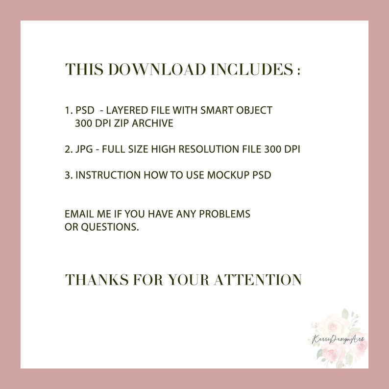 Pode incluir: Texto sobre um fundo rosa que diz "Este download inclui:" seguido de uma lista de tr&ecirc;s itens: "1. PSD - Arquivo em camadas com objeto inteligente 300 DPI arquivo zip", "2. JPG - Arquivo de alta resolu&ccedil;&atilde;o de tamanho completo 300 DPI", e "3. Instru&ccedil;&otilde;es sobre como usar a maquete PSD". O texto continua com "Envie-me um e-mail se voc&ecirc; tiver algum problema ou pergunta." e termina com "Obrigado pela sua aten&ccedil;&atilde;o".