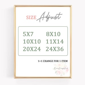 May include: A framed print with the words "SIZE Adjust" at the top. Below, a green box lists print sizes: 5x7, 8x10, 10x10, 11x14, 20x24, and 24x36 inches. The text "1=1 CHANGE FOR 1 ITEM" is at the bottom.