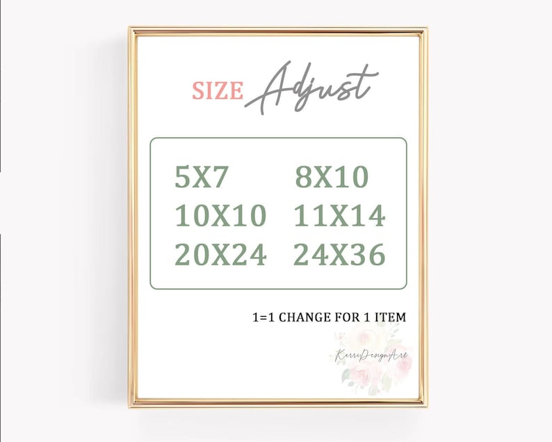 May include: A framed print with the words "SIZE Adjust" at the top. Below, a green box lists print sizes: 5x7, 8x10, 10x10, 11x14, 20x24, and 24x36 inches. The text "1=1 CHANGE FOR 1 ITEM" is at the bottom.