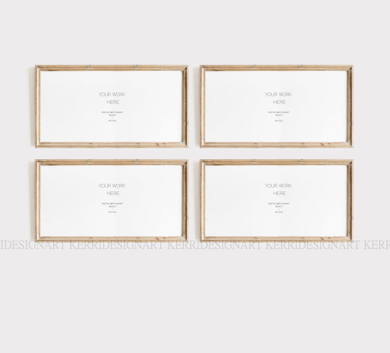 May include: Four light brown wood picture frames with white mats and the text "YOUR WORK HERE" in each frame.