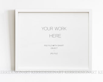 May include: White frame mockup with the text "YOUR WORK HERE" and the instructions "PSD FILE WITH SMART OBJECT JPG FILE".