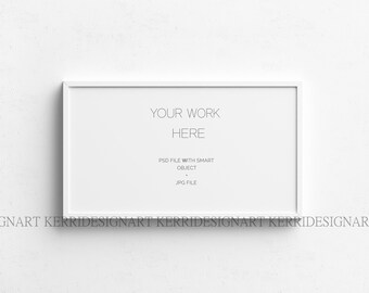 May include: A white picture frame with a white mat on a white wall. The text "YOUR WORK HERE" is printed in the center of the frame. The text "PSD FILE WITH SMART OBJECT JPG FILE" is printed below the text "YOUR WORK HERE".