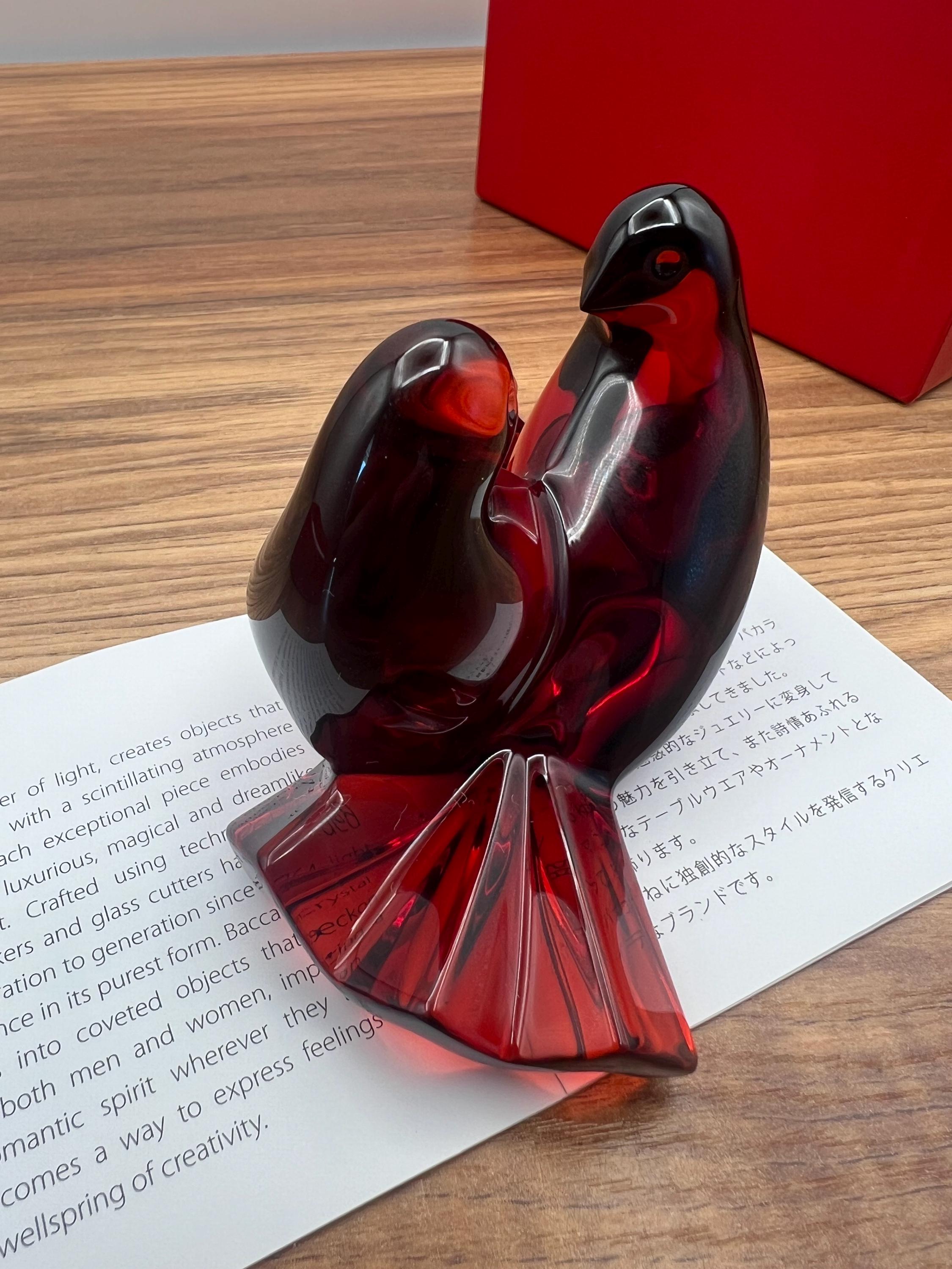 バカラ鳥　 Baccarat Crystal Loving Doves Ruby Baccarat Ruby Red Crystal Doves Paperweight - St. Valentin