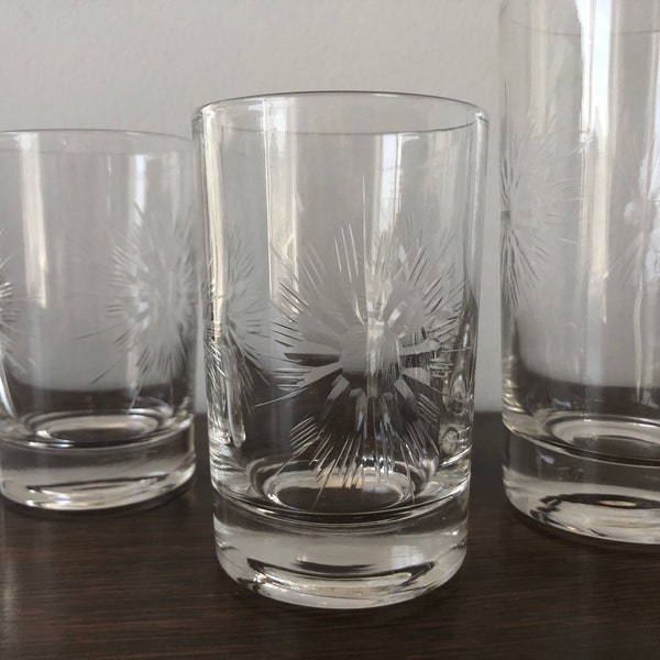 Set of 3 :  Small and Large Juice Glasses - Art Deco Etched Starburst or Sunburst Pattern - 5 to 8 fl oz.