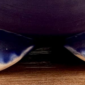 May include: A close-up of a dark blue ceramic bowl with two curved feet. The feet are a darker shade of blue with a white trim at the base. The bowl sits on a wooden surface.