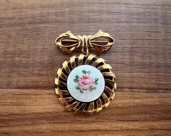 Vintage Guilloche Enamel Pendant / Brooch - Hand Painted Rose - Brass Ribbon -1950's