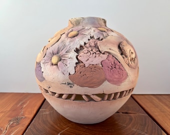 John Davis Sculpted Ceramic Art Pottery Vase - Floral Bouquet Inlay - Signed  J. Davis 1996