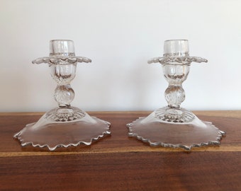 Set of 2: Vintage Cambridge Glass Candlestick Holders-  Rose Point Clear Design