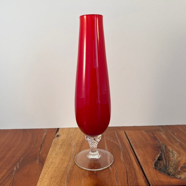 Hand Blown Glass Bud Vase - Red Exterior and White Interior with Clear Twisted Pedestal - Murano Italy - 8.25"