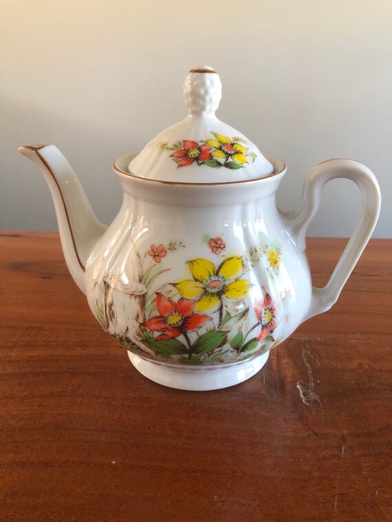 Vintage Small White Teapot Wild Floral Design Made in Japan Etsy