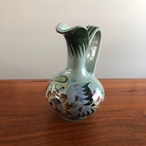 Vintage Mexican Folk Art Beverage Pitcher - Floral and Bird Design - Possible Tonala - 7 inches