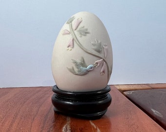 Small Hand Painted Bisque Egg - Floral Hummingbird Design - Plastic Stand Included