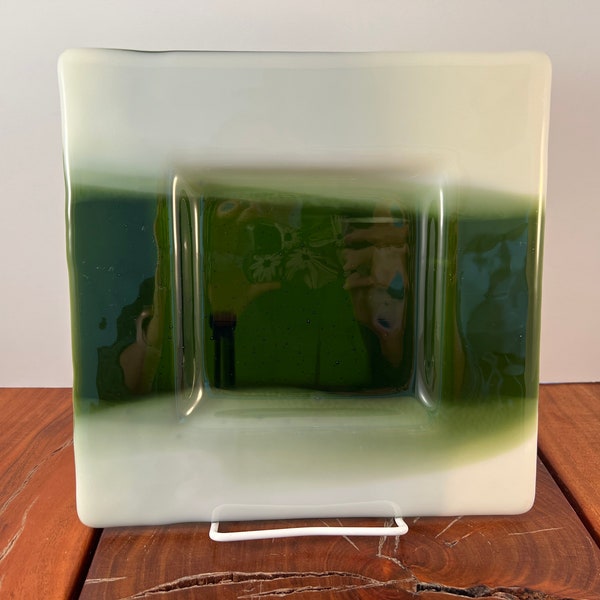 Fused Glass Square Plate with Inset and Wide Rim - White and Green Ombre Design