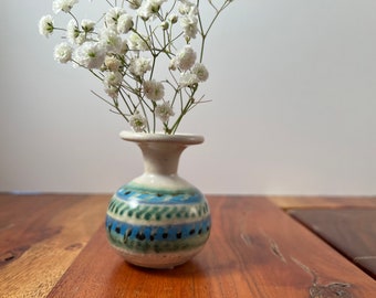 Miniature Ceramic Bud Vase - Abstract Blue, Green, Cream, Bulb Shape Design - Signed - 3 inches