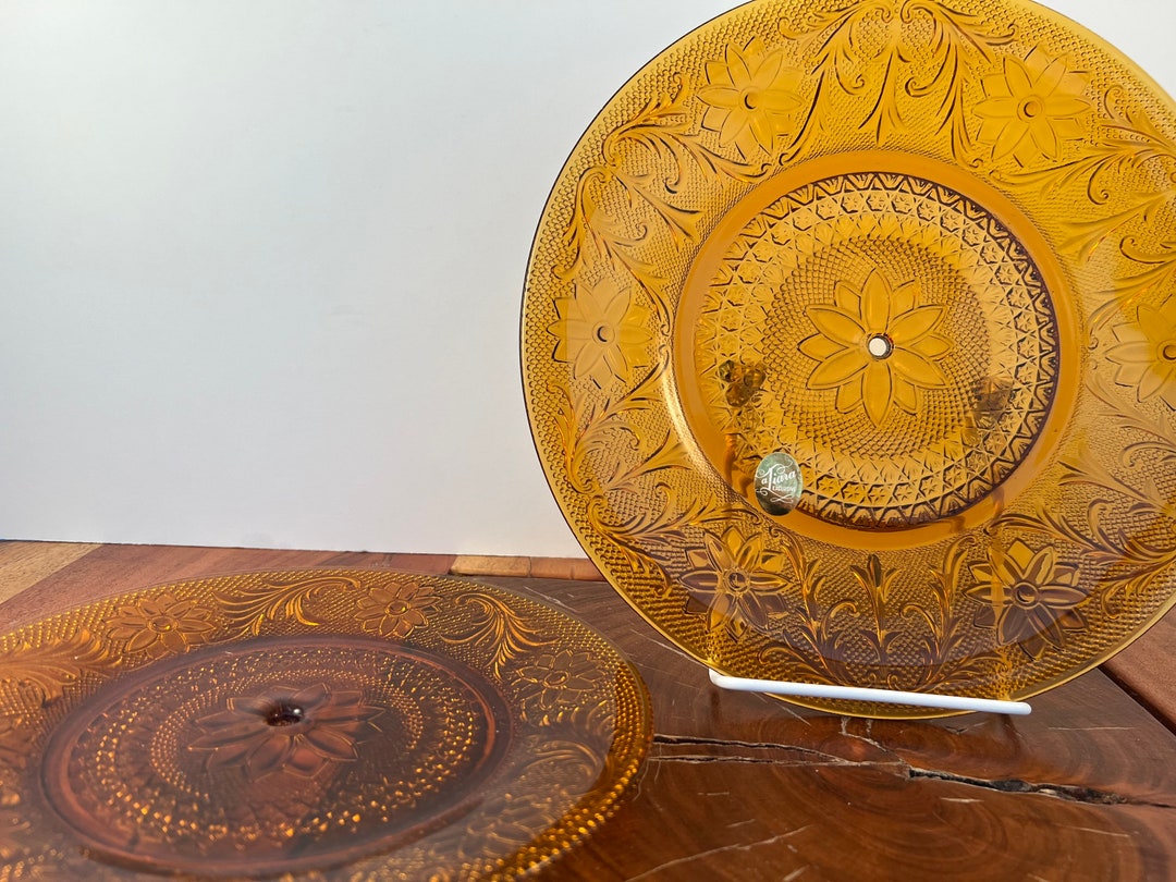 Two Amber Glass Plates With Center Hole Tiara Sandwich Etsy