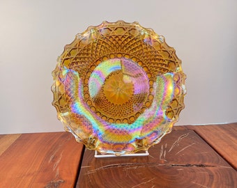 Vintage Carnival Glass Bowl / Serving Plate - Amber Crimped Edge - Indiana Glass 10 "
