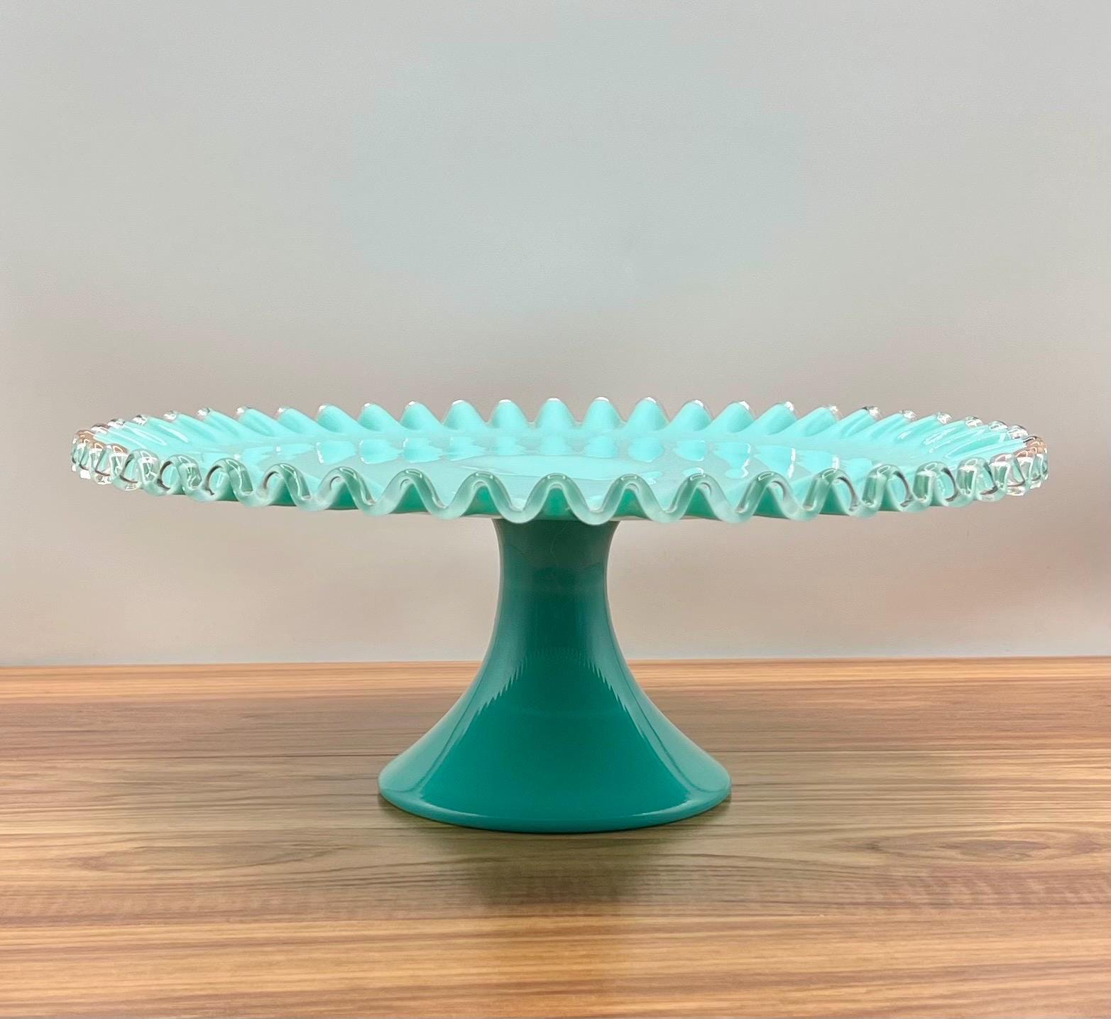 Fenton Turquoise Silver Crest Milk Glass Cake Stand Plate Aqua