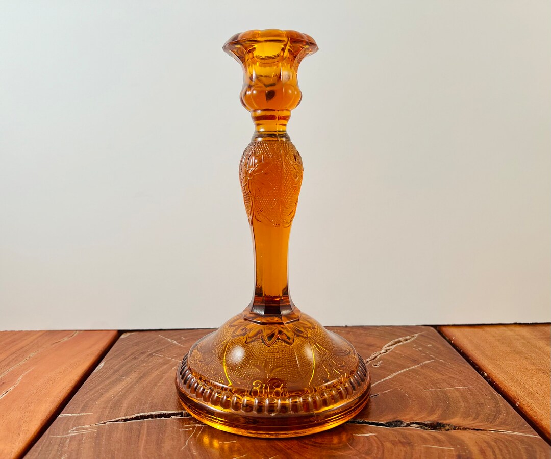 Large Amber Glass Candlestick Holder Tiara Sandwich Pattern Etsy