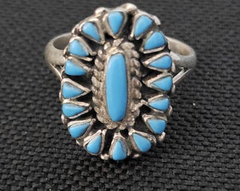 Zuni Pettipoint Blue Turquoise Silver Ring Vintage Sterling Old Pawn Size 6 1/2 JR 850