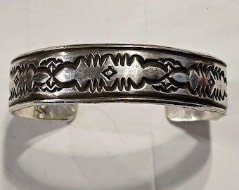 Deep Punchwork  Decorated Vintage Larger Cuff Native Sterling Old Pawn fits 8" wrist