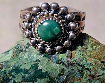 Harvey Era Tiny Green Turquoise Native Ring Sterling Silver Size 3 3/4 Old Pawn