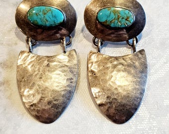 Bold '70s Turquoise and Hammered Silver Earrings 2 1/2"  JE 596