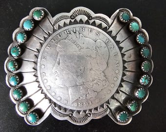 Coin Silver Signed Turquoise Vintage Buckle  Old Pawn JK 214