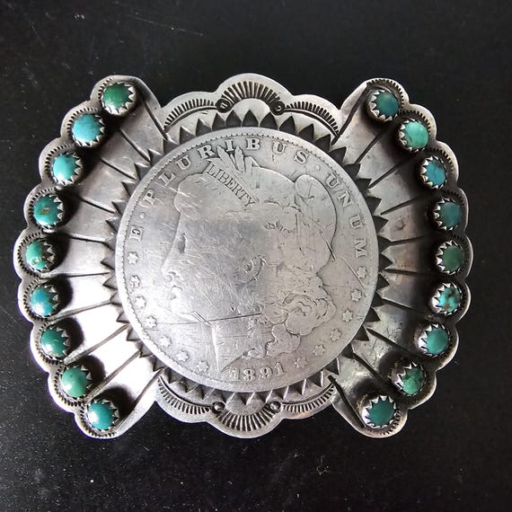 Coin Silver Signed Turquoise Vintage Buckle  Old Pawn JK 214