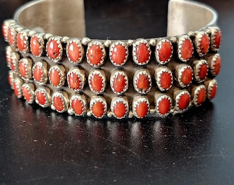 Triple Row Coral Zuni Vintage Native Cuff Old Pawn. 6 1/2 " wrist JB 170