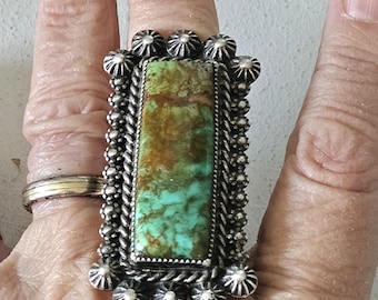 Long Green Turquoise Vintage Ring Old Pawn Size 10 1/2  JR 445