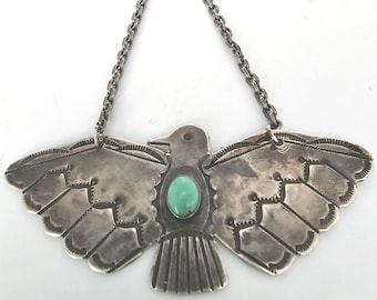 Bigger 3 1/2" Thunderbird Turquoise Sterling Necklace Vintage 1930s Old Pawn JN 678
