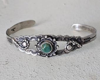 Small Green Turquoise Bell Trading Post Vintage Native Bracelet Old Pawn fits 5 3/4" wrist. JB 29