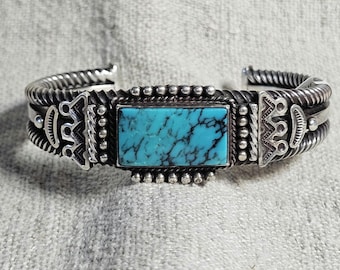 Vintage Ray Tracy Silver Blue Turquoise Cuff - Native Bracelet Old Pawn 6 3/4" wrist JB 327