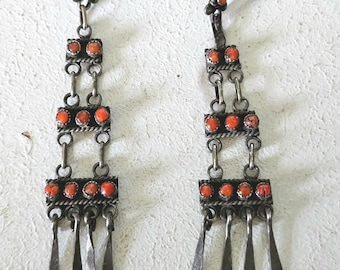 Long Vintage Coral Zuni Raincloud Earrings Old Pawn. JE 375
