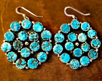 Big Kingman Turquoise Zuni Cluster Earrings Sterling Chandelier Statement Earrings Native American Made