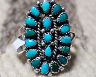 Natural Blue Turquoise Vintage Zuni Cluster Ring Old Pawn Size 5 1/2