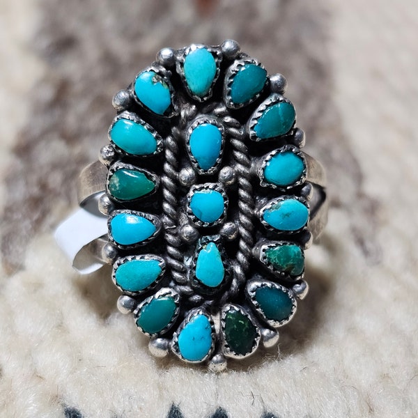 Natural Blue Turquoise Vintage Zuni Cluster Ring Old Pawn Size 5 1/2