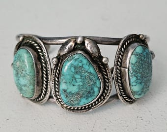 Best Blue Turquoise Stones Vintage Native Bracelet Old Pawn fits 6 1/2" wrist JB 94