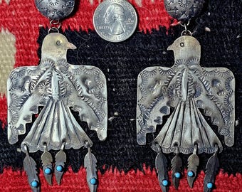 Huge 5" Thunderbird Native Silver Earrings Vintage Sterling Old Pawn